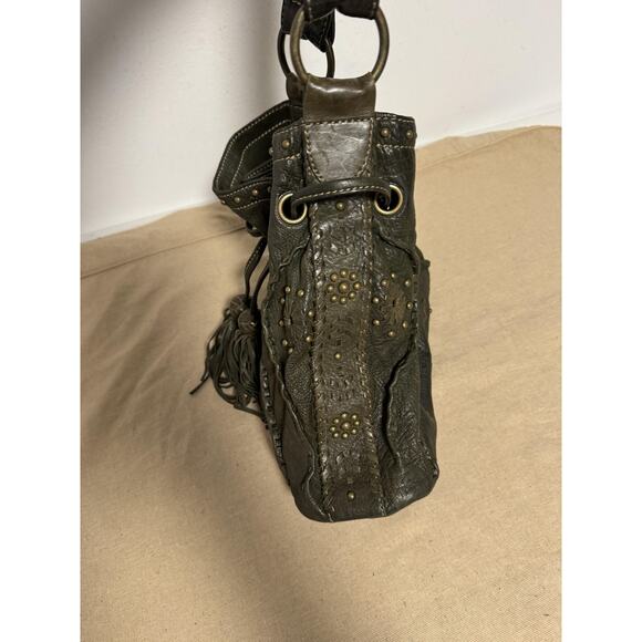 Jamie Drake Hobo Shoulder Bag Womens Olive Green Leather Drawstring Tassel Boho - Picture 5 of 14